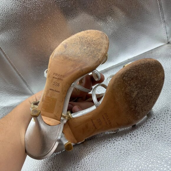 Size EU 35.5 Prada Platinum Gold Womens Leather Strappy Stiletto Heel Sandals - Picture 9 of 9